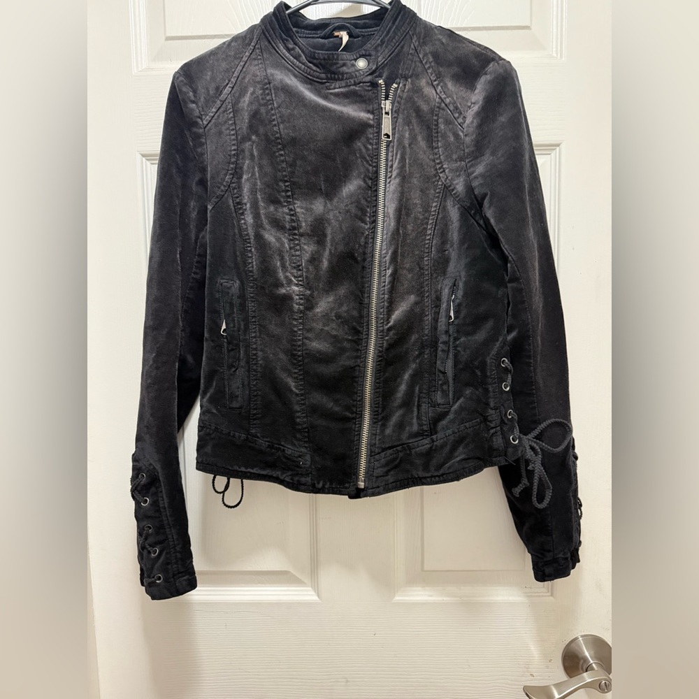 Free People Lacey Corset Velvet Lace Up Moto Jacket Size Small